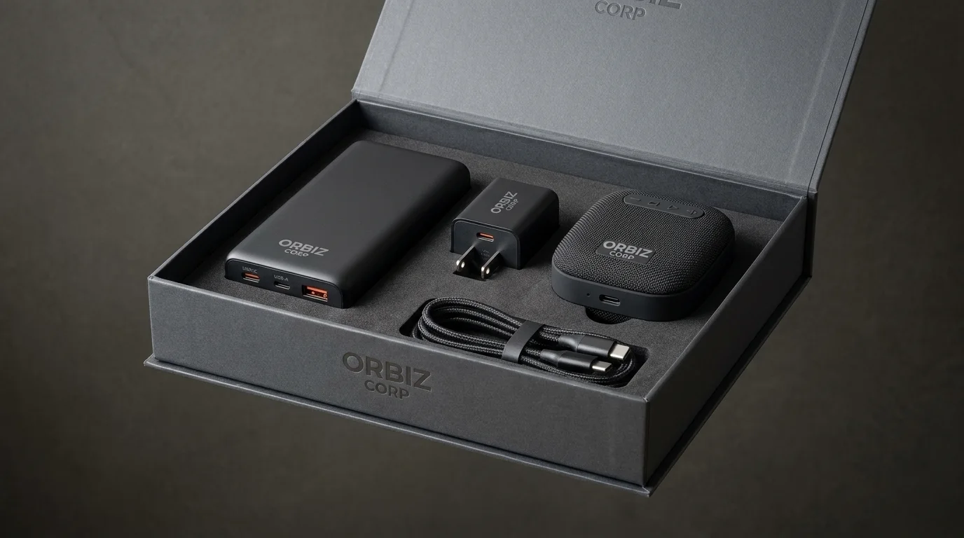 Branded power bank, wall charger, speaker and charging cable in a fitted box